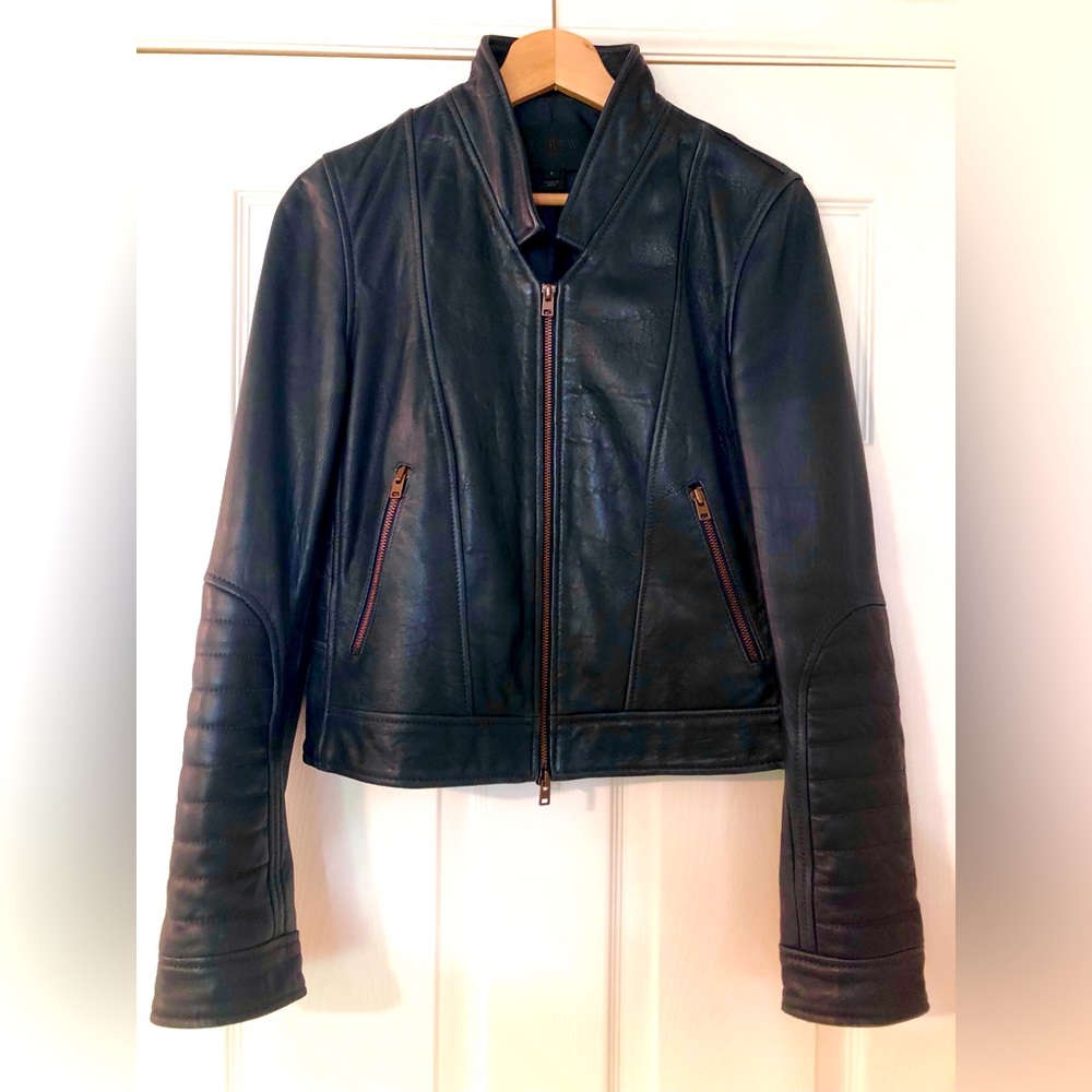 J Crew Collection Standing Collar Leather Moto Jacket. Navy blue, Size 8